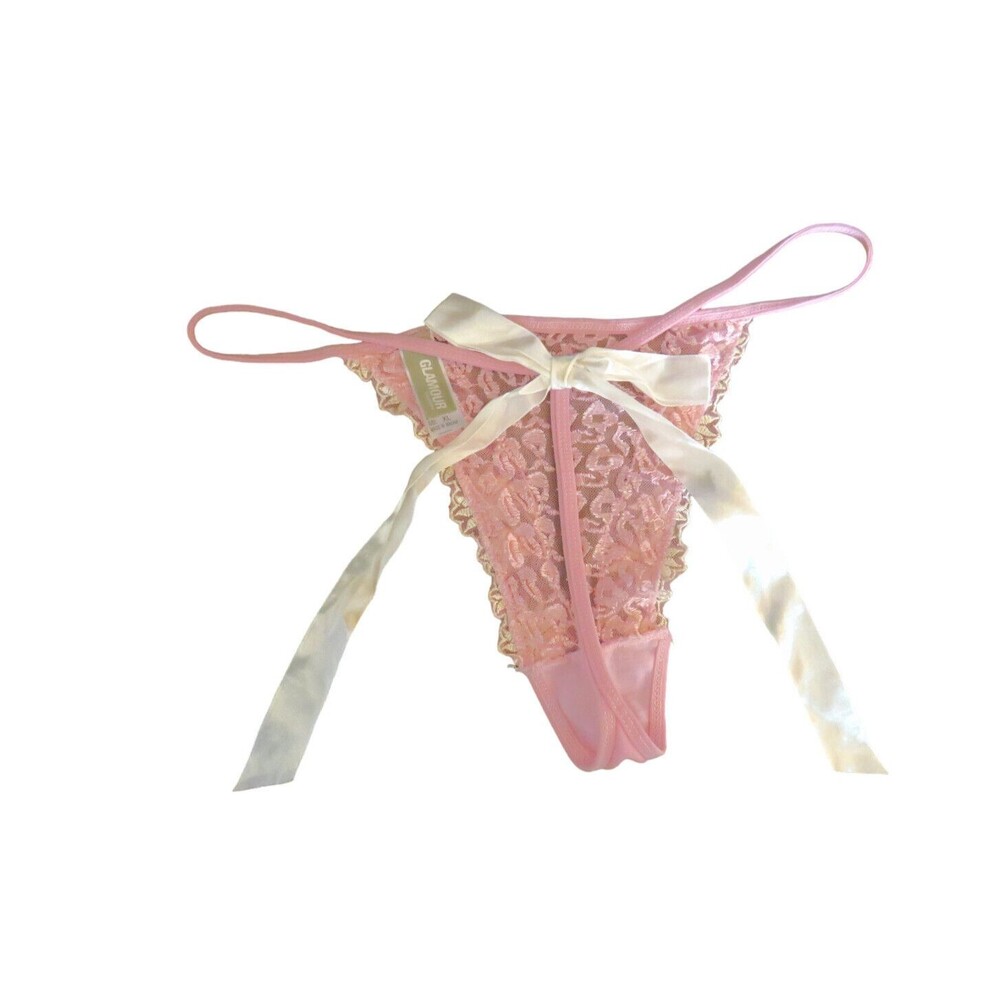 Vintage Glamour Pink Mesh Embroidered Thong Panties Satin Back Bow Size XL - Picture 14 of 14